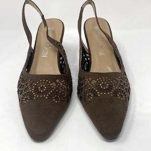 WHITTALL & SHON Mocha Pointed Toe Slingback Beaded Heel Shoe Suede Mesh Sz10 NEW